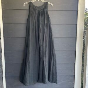 Black crane gather back high-low tank dress black linen Japan lagenlook S -1E